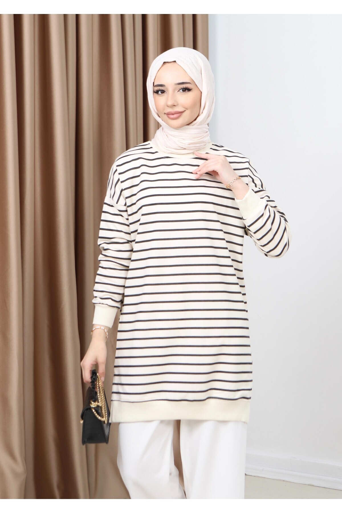 Neva-Γυναικείο Hijab Crew Neck με δύο κλωστές χτενισμένο βαμβακερό ύφασμα κατά του ιδρώτα Basic ριγέ τουνίκ 7
