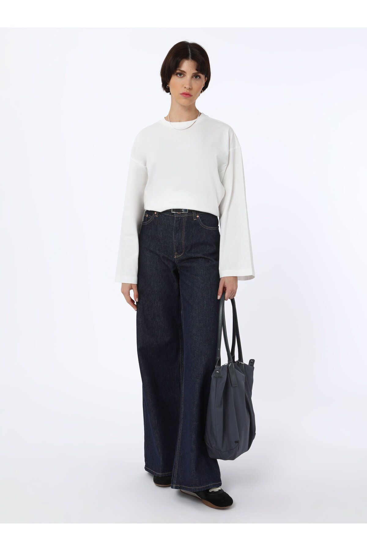 Benin Pamuklu Oversize Örme Tişört Sweatshirt - Beyaz - Benin