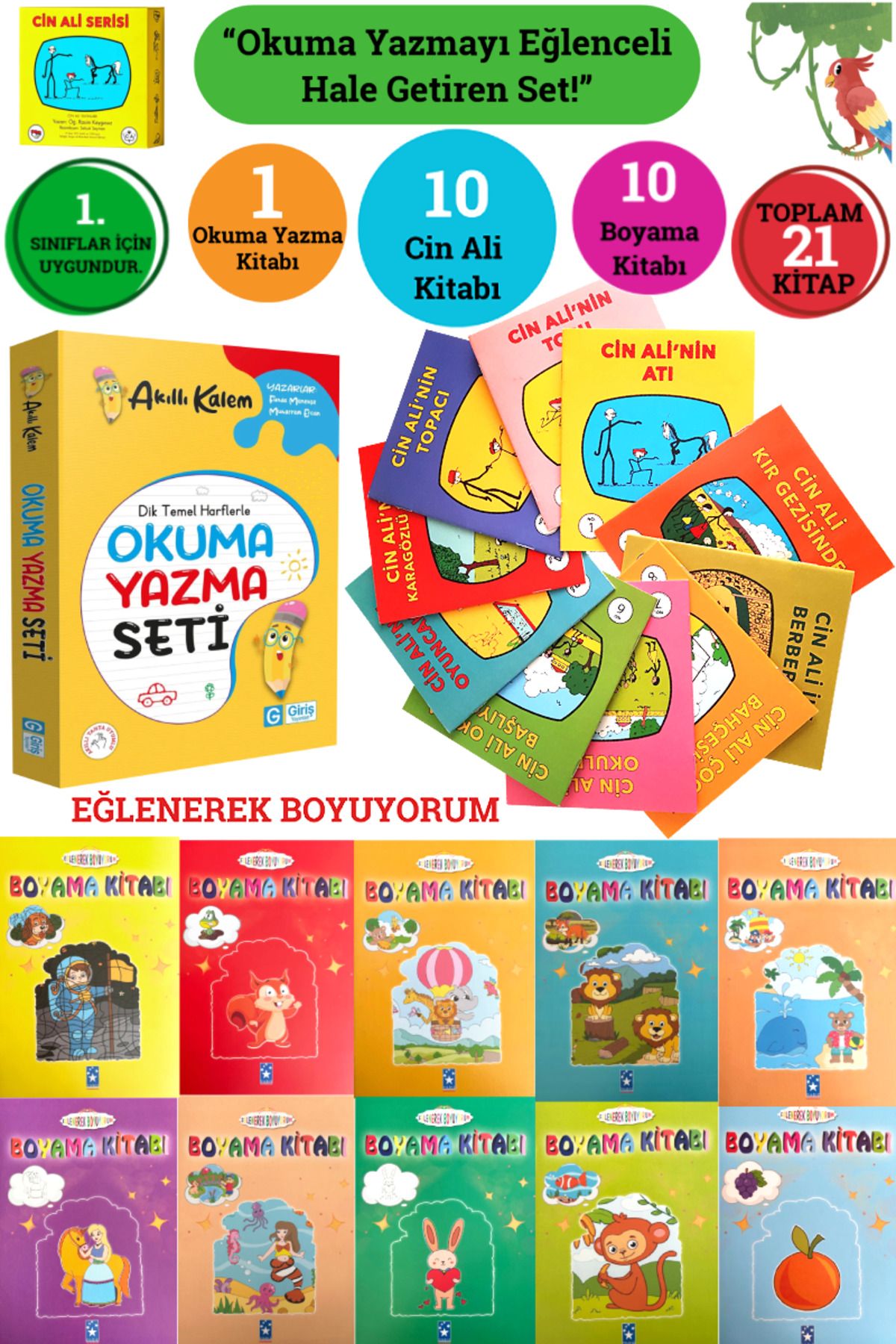 Altınpost Yayınları 1.Sınıf Seti:1 Okuma Yazma Seti+10 Cin Ali Hikaye Seti+10 Eğlenerek Boyuyorum Boyama Kitabı=21 Kitap