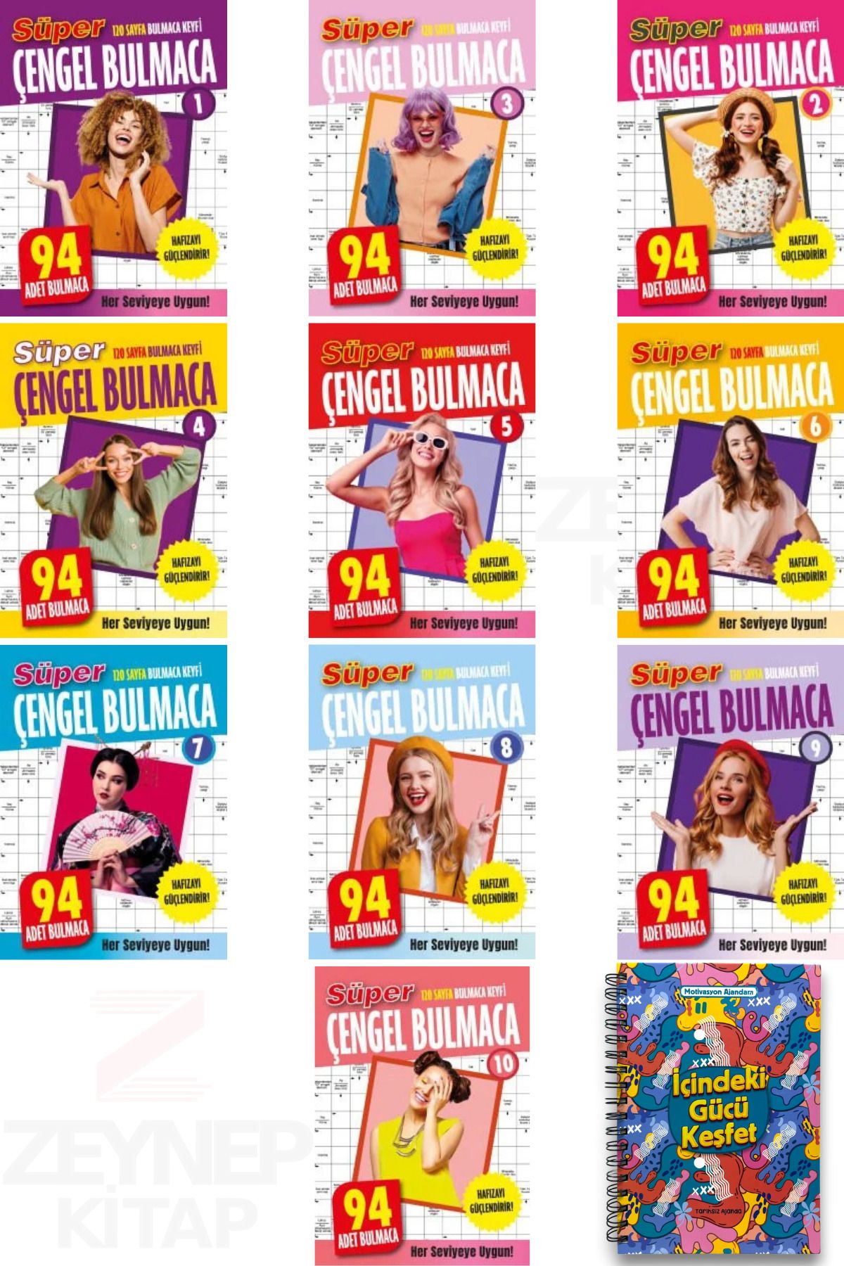 Dokuz Yayınları Süper Çengel Bulmaca 10 Kitap Set 940 Adet Bulmaca(Motivasyon Ajandam Tarihsiz Ajanda Hediye)
