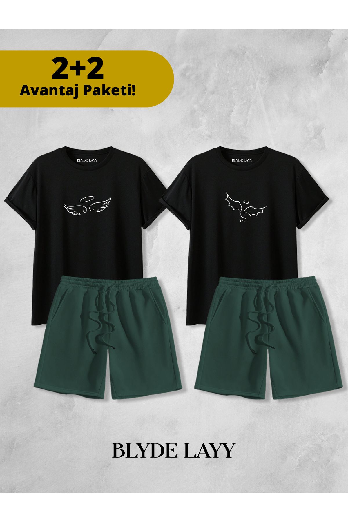BLYDE LAYY Melek-Şeytan Baskılı Unisex 2'li Sevgili Çift Kombini (2 Şort - 2 T-shirt Takımı Avantaj Paketi)
