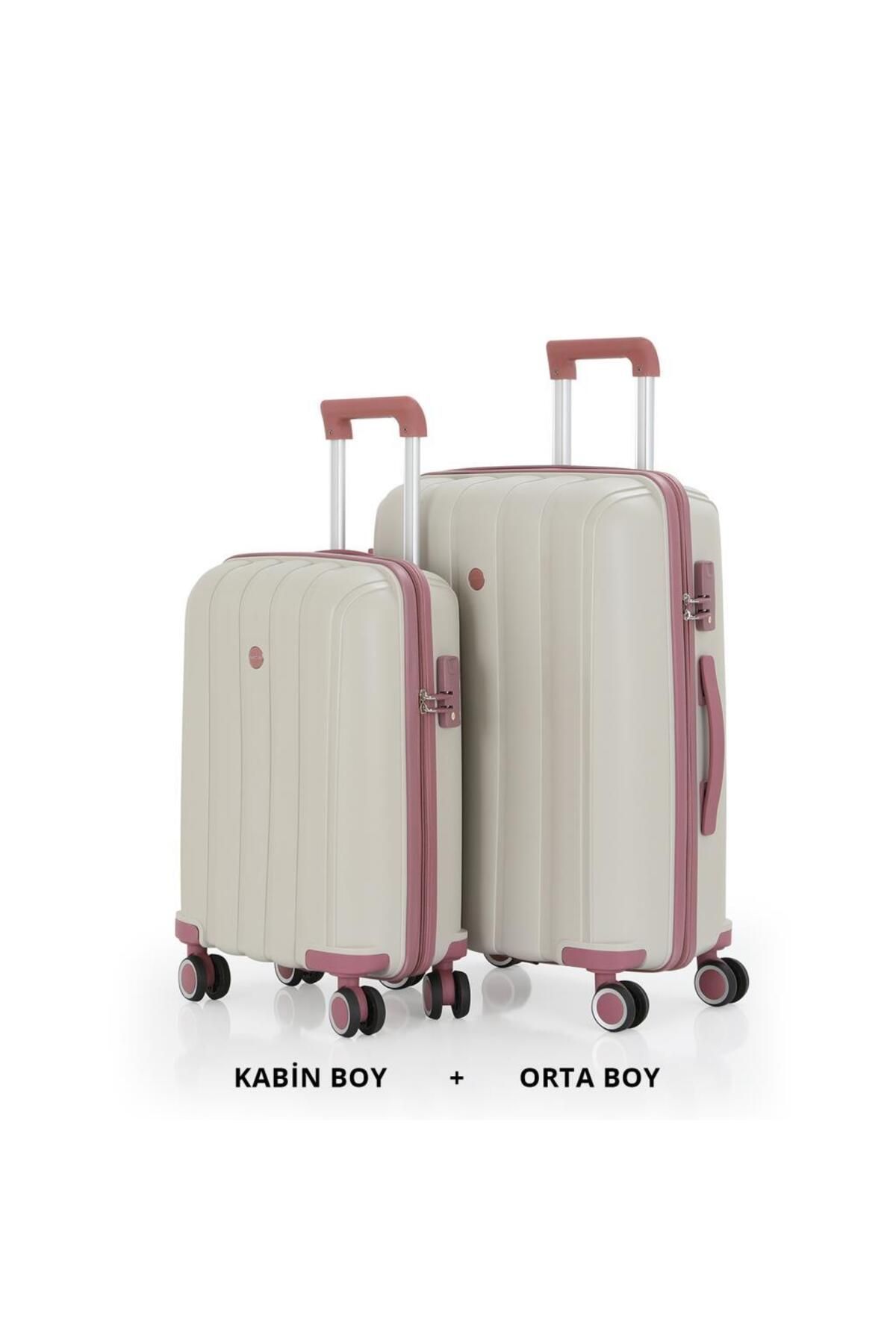 MÇS Bavul Orta ve Kabin 2li Set Kırılmaz Silikon Valiz V305 Kemik/KoyuPudra