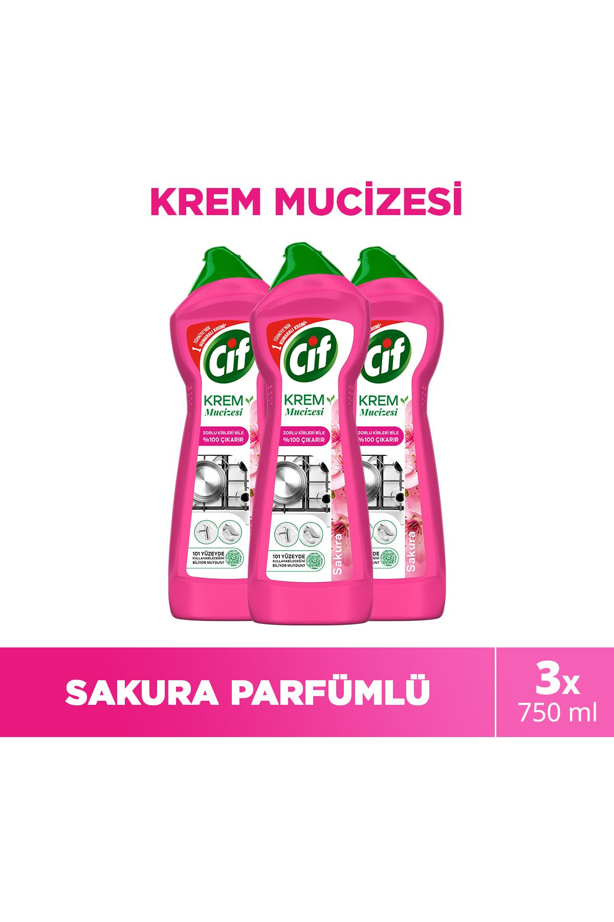 Cif Krem Mucizesi Sakura Parfümlü Yüzey Temizleyici 750 ml x3