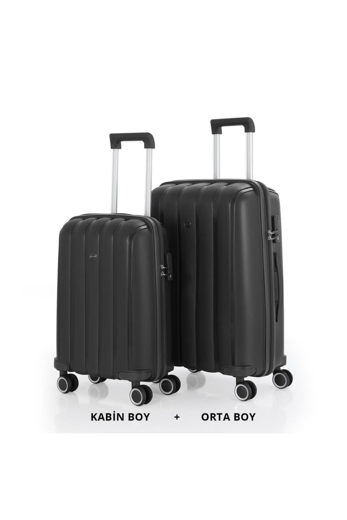 MÇS Bavul Orta ve Kabin 2li Set Kırılmaz Silikon Valiz V305 Siyah