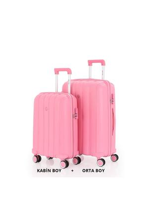 MÇS Bavul Orta ve Kabin 2li Set Kırılmaz Silikon Valiz V305 Pembe