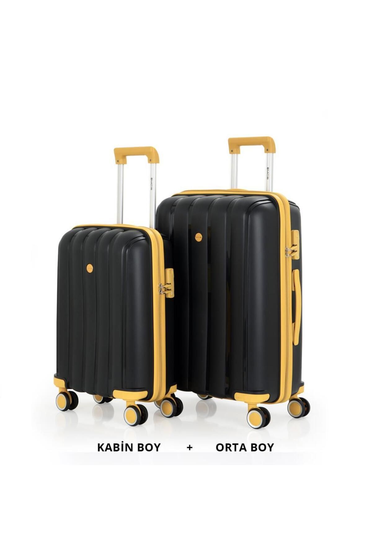 MÇS Bavul Orta ve Kabin 2li Set Kırılmaz Silikon Valiz V305 Siyah/Sarı