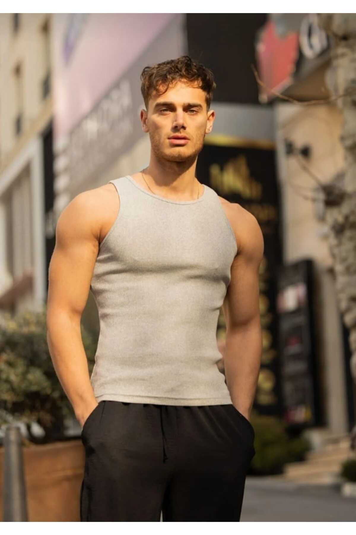 Ast giyim Erkek Siyah Halter Yaka Fitilli Sporcu Likralı Atlet