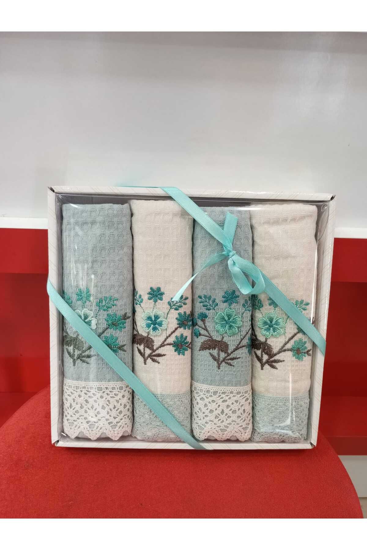 HİKMET ÇAPA HOME 4 LÜ PREMİUM KALİTE PAMUKLU SÜSLEMELİ MUTFAK HAVLUSU & PEÇETE HAVLU NAPKIN 40X60