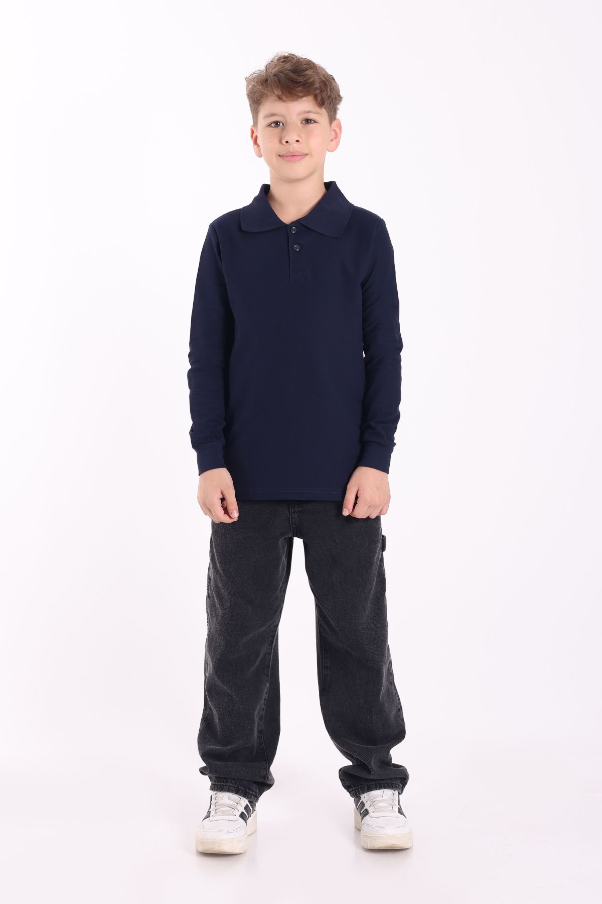Re&Gi Rekor Unisex Çocuk Polo Yaka Okul Tişört Basic Uzun Kollu T-shirt 5-16 Yaş Lacivert