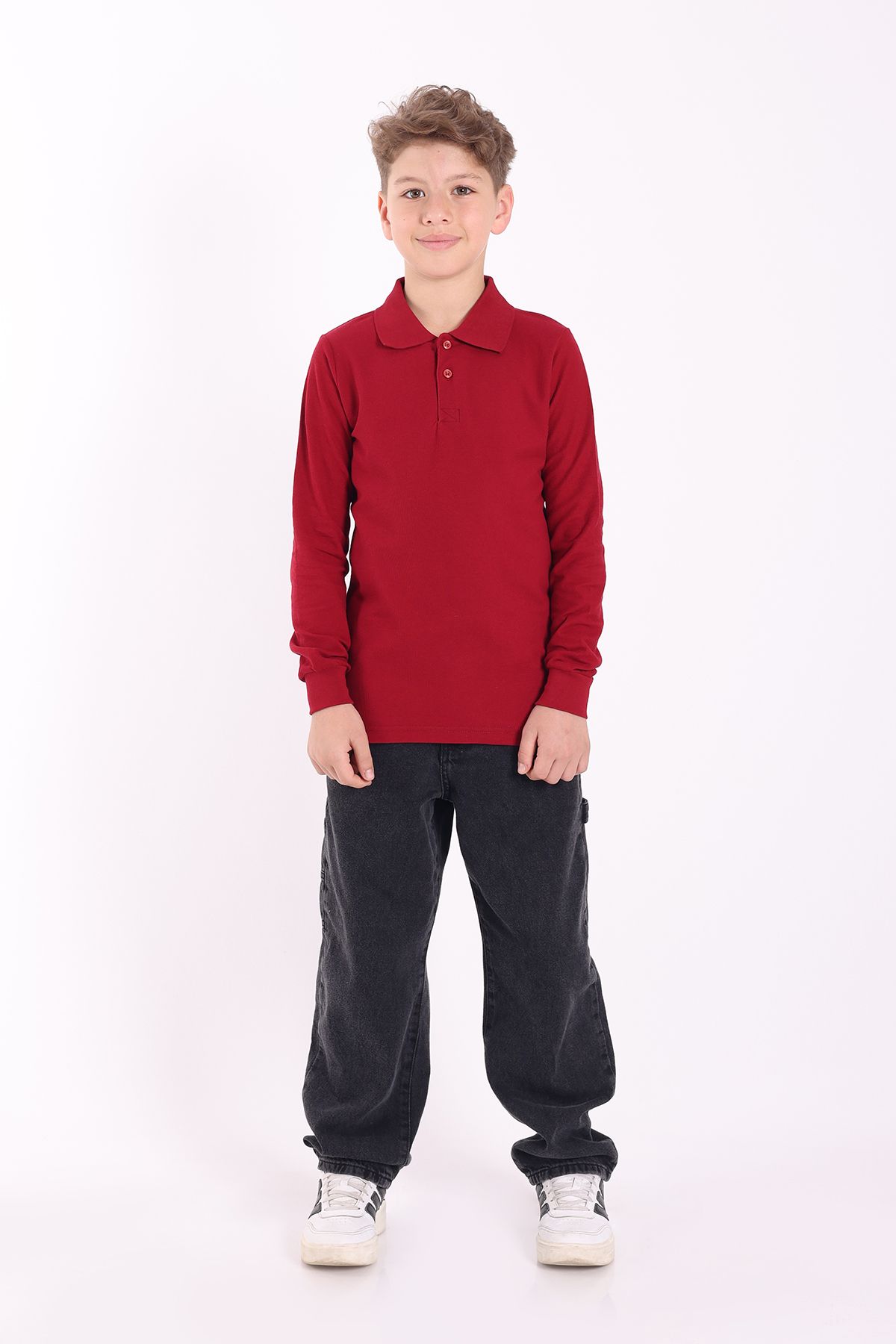 Re&Gi Rekor Unisex Çocuk Polo Yaka Okul Tişört Basic Uzun Kollu T-shirt 5-16 Yaş Bordo