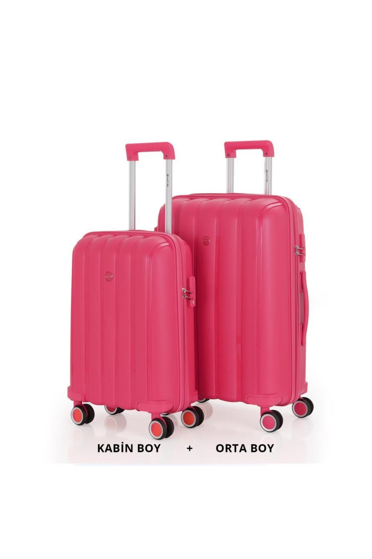 MÇS Bavul Orta ve Kabin 2li Set Kırılmaz Silikon Valiz V305 Fuşya