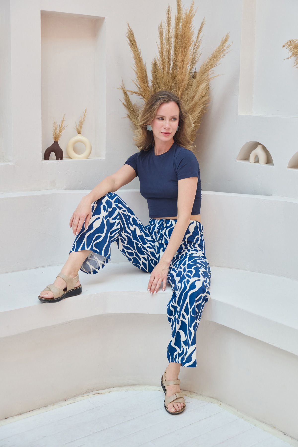 Fulla Moda-Patterned Palazzo Trousers with Elastic Waist 2