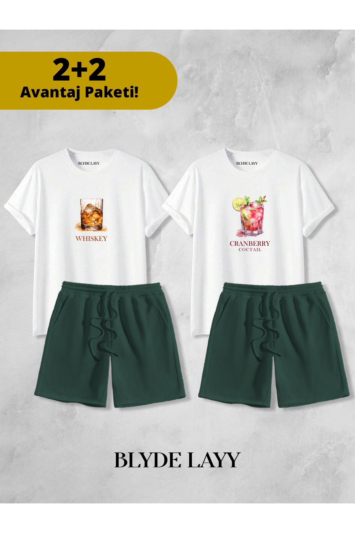 BLYDE LAYY Whıskey-Coctail Baskılı Unisex 2'li Sevgili Çift Kombini (2 Şort - 2 T-shirt Takımı Avantaj Paketi)