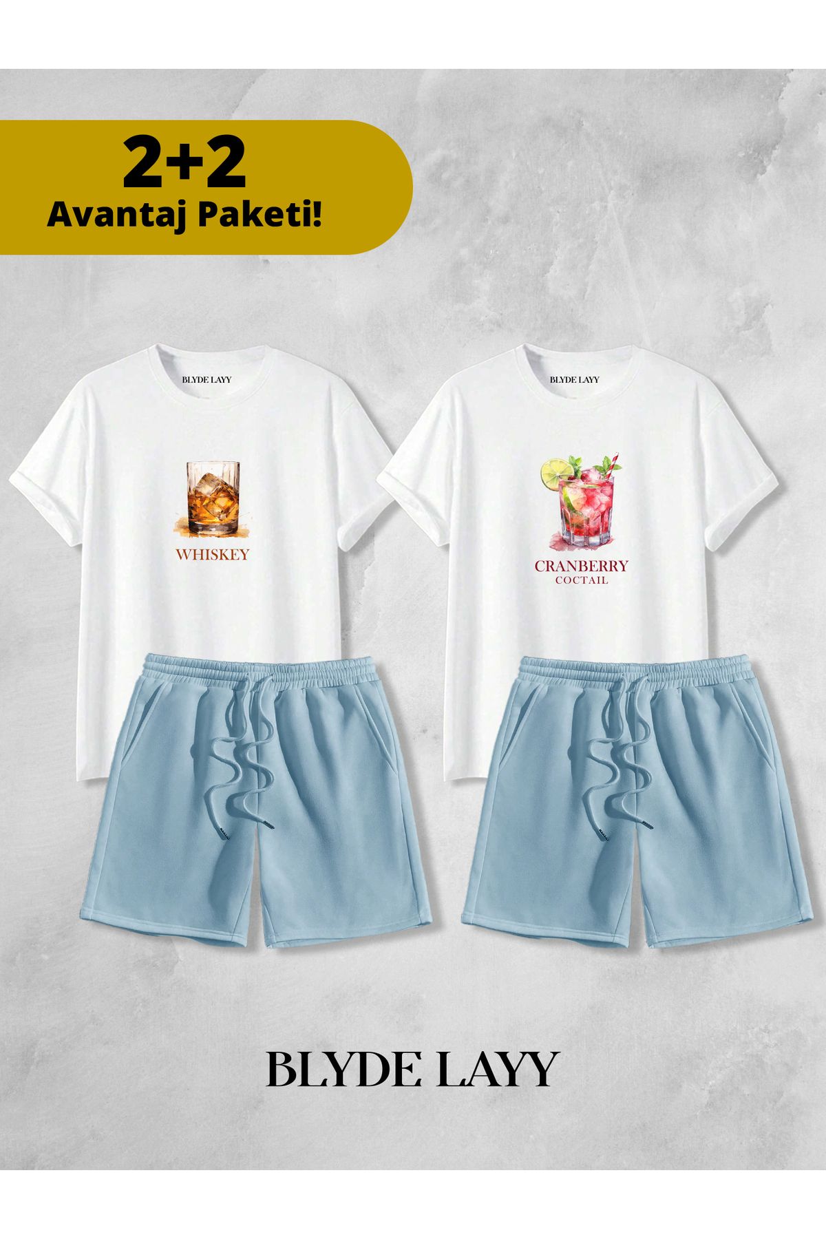 BLYDE LAYY Whıskey-Coctail Baskılı Unisex 2'li Sevgili Çift Kombini (2 Şort - 2 T-shirt Takımı Avantaj Paketi)