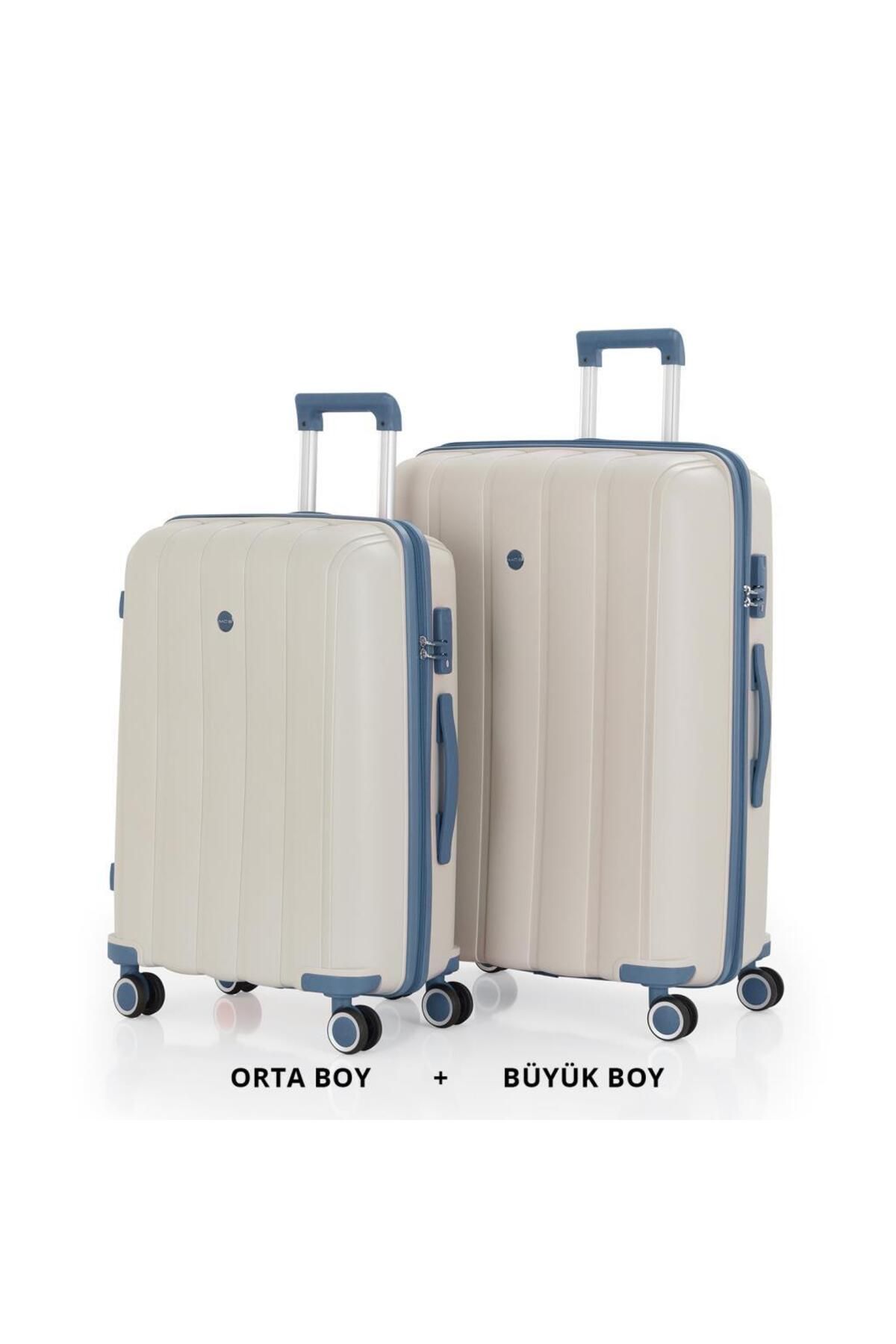 MÇS Bavul Büyük ve Orta 2li Set Kırılmaz Silikon Valiz V305 Kemik/SkyBlue
