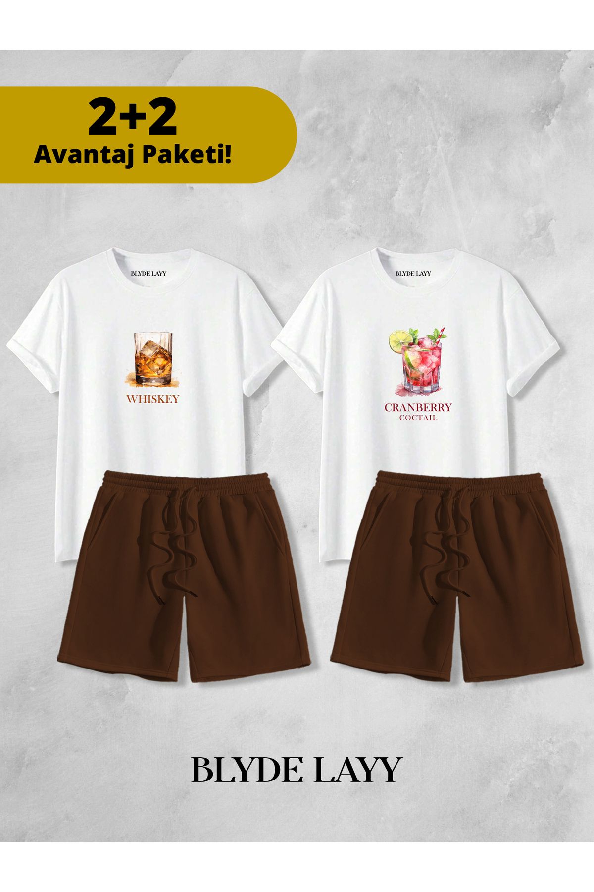 BLYDE LAYY Whıskey-Coctail Baskılı Unisex 2'li Sevgili Çift Kombini (2 Şort - 2 T-shirt Takımı Avantaj Paketi)
