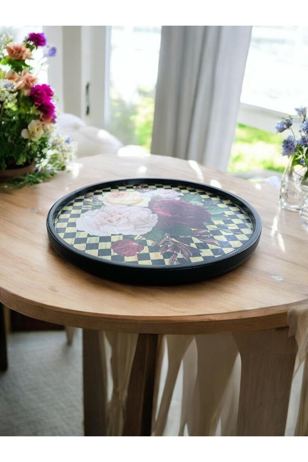 unique florya Damalı Yuvarlak Tepsi 28cm Sunum Dekoratif Ev Sofra Mutfak Çay Kahve Tepsi