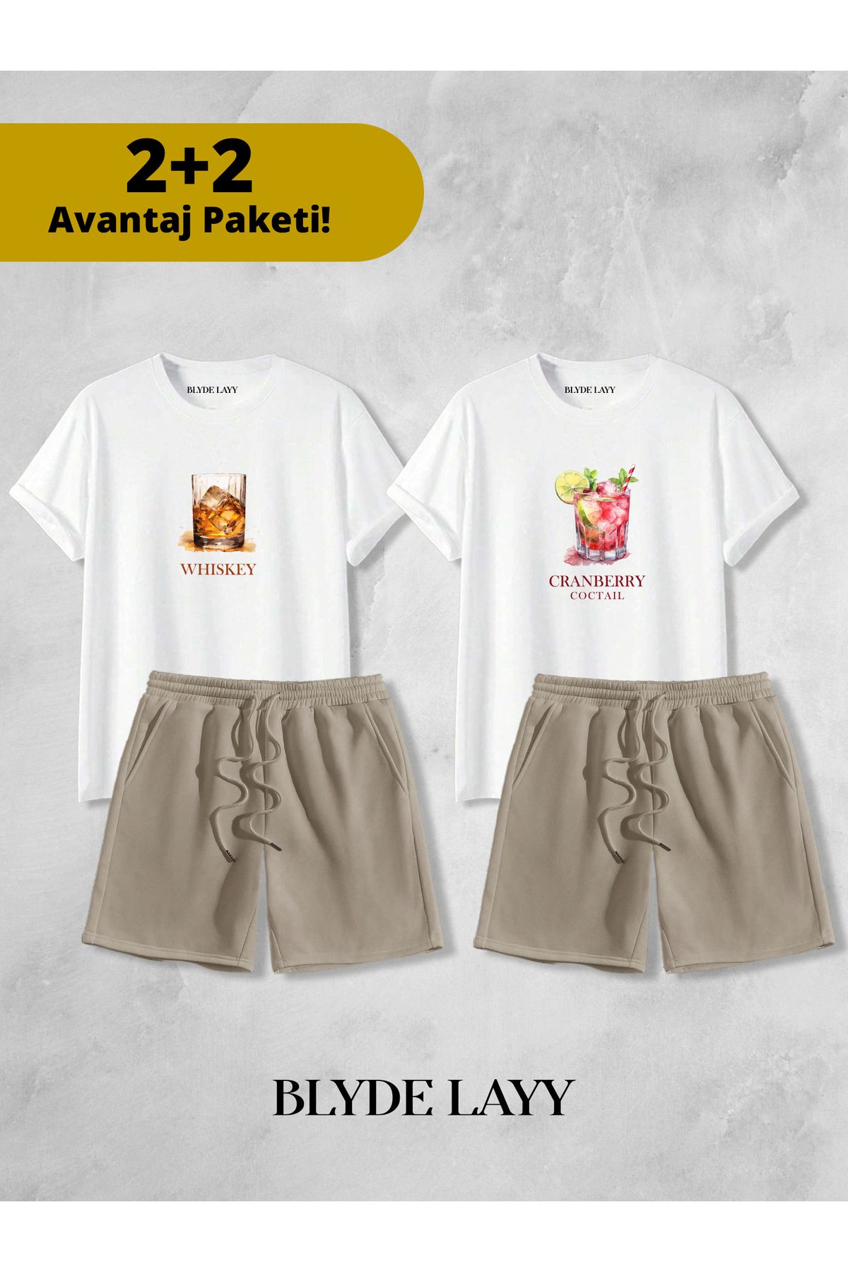 BLYDE LAYY Whıskey-Coctail Baskılı Unisex 2'li Sevgili Çift Kombini (2 Şort - 2 T-shirt Takımı Avantaj Paketi)