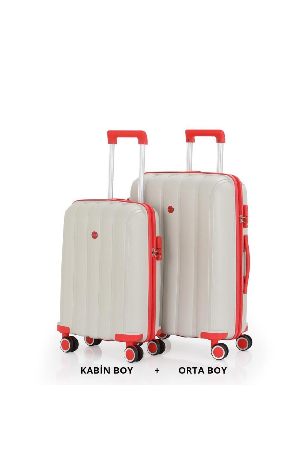 MÇS Bavul Orta ve Kabin 2li Set Kırılmaz Silikon Valiz V305 Kemik/Mercan