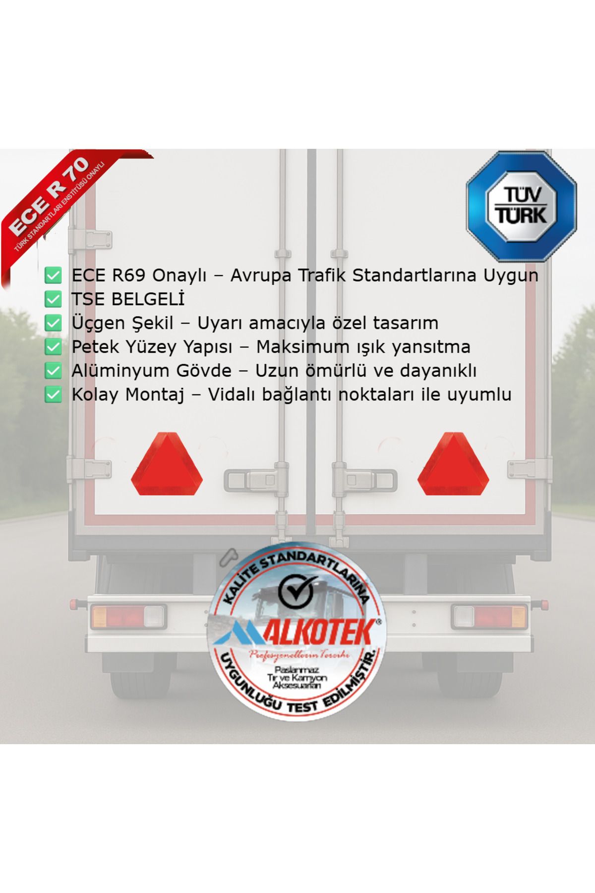 ALKOTEK Traktör Arka Işaret Reflektörü Alüminyum 2 Adet – Üçgen Model, Ece R69 Onaylı