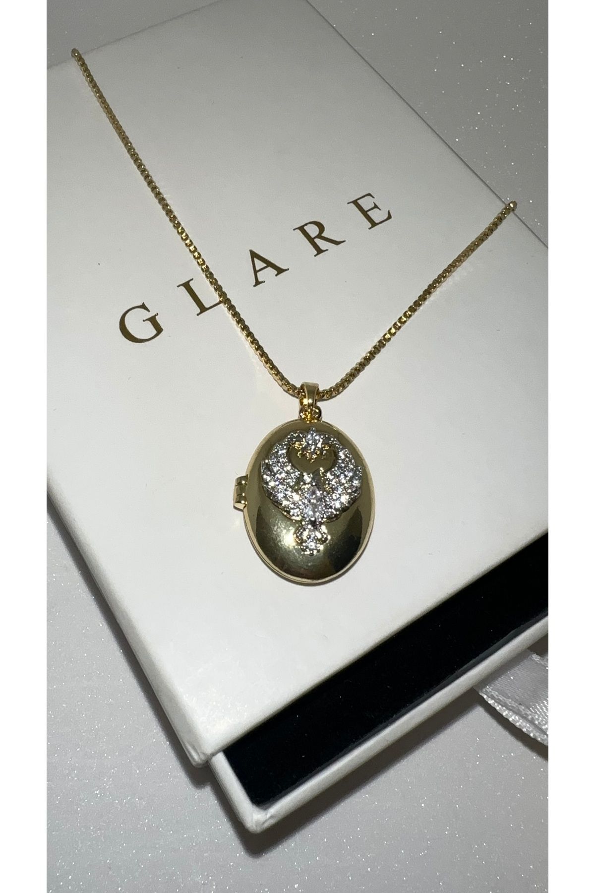 GLARE JEWELRY Anka Kuşu Model içi açılan Gold Çelik Lüks Zirkon Taşlı Alya Kolye