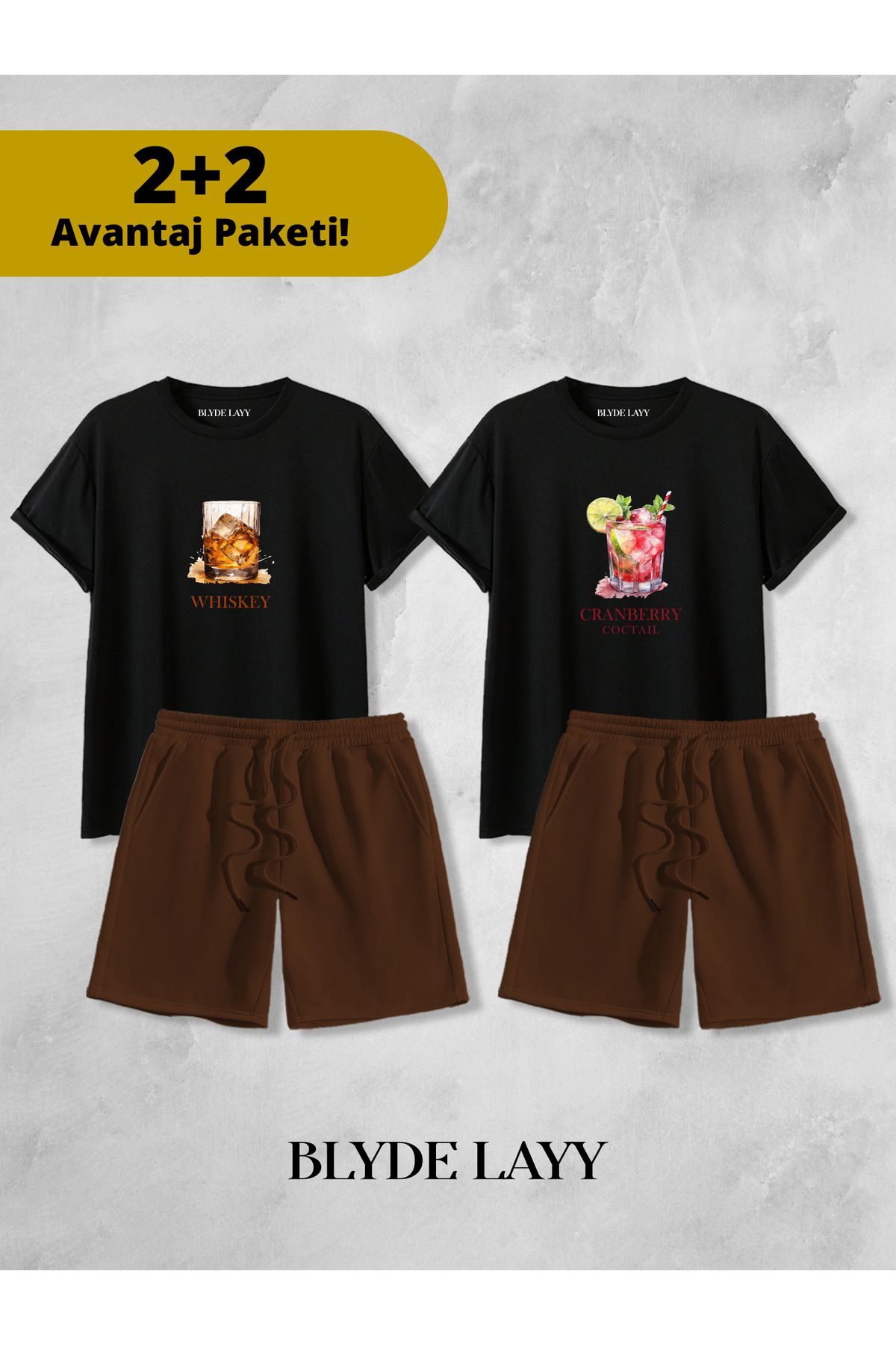 BLYDE LAYY Whıskey-Coctail Baskılı Unisex 2'li Sevgili Çift Kombini (2 Şort - 2 T-shirt Takımı Avantaj Paketi)