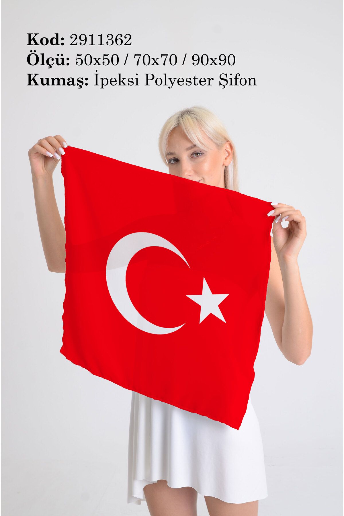 DESENİX Türk Bayrağı Temalı İpeksi Şifon Fular - 50x50, 70x70, 90x90 cm Büyük / Küçük Ay & Yıldız