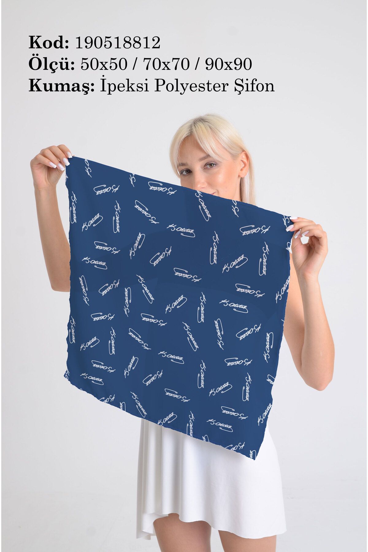 DESENİX ATATÜRK imzalı İpeksi Şifon Fular - 50x50, 70x70, 90x90 cm Kırmızı, Siyah, Mavi, Beyaz