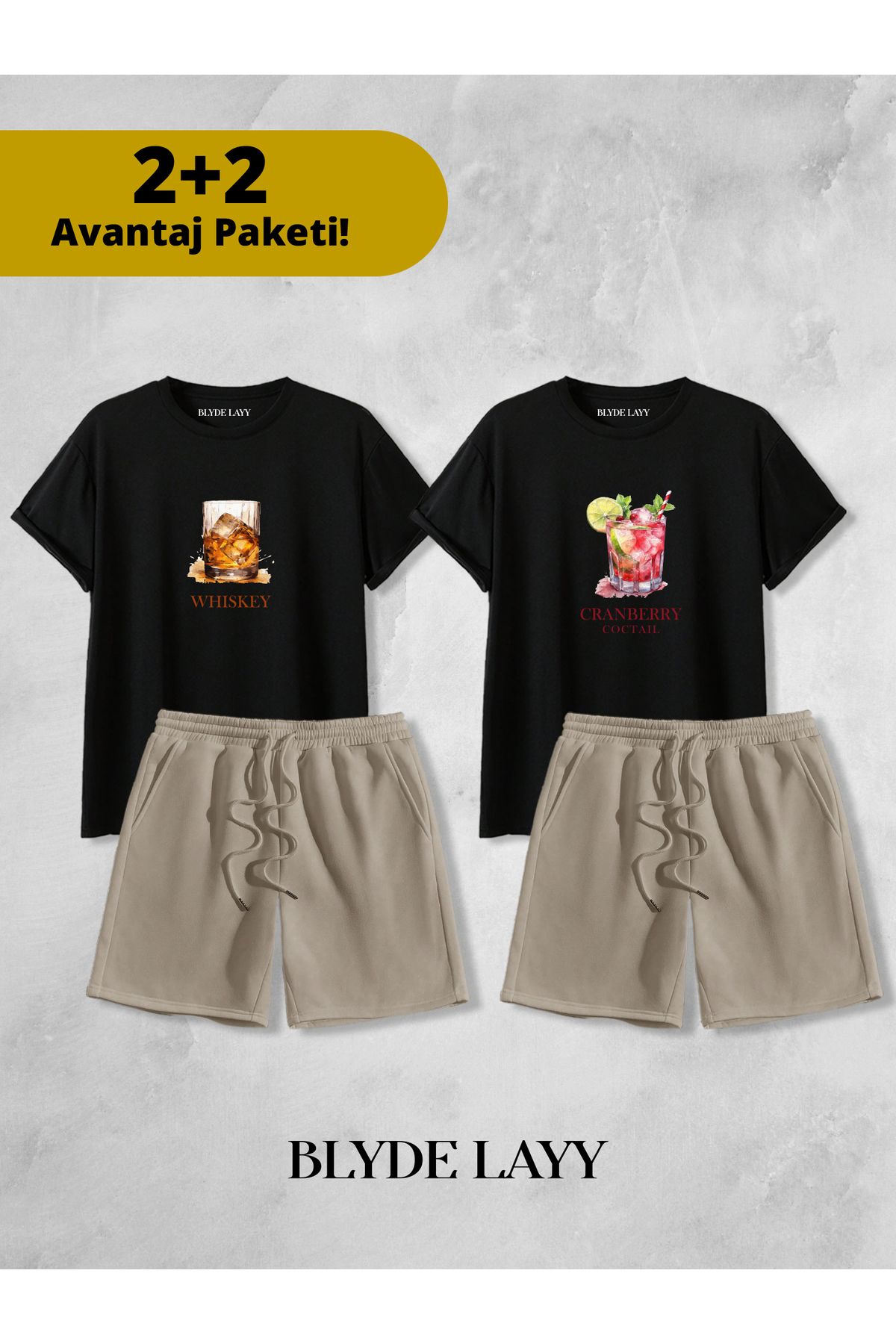 BLYDE LAYY Whıskey-Coctail Baskılı Unisex 2'li Sevgili Çift Kombini (2 Şort - 2 T-shirt Takımı Avantaj Paketi)