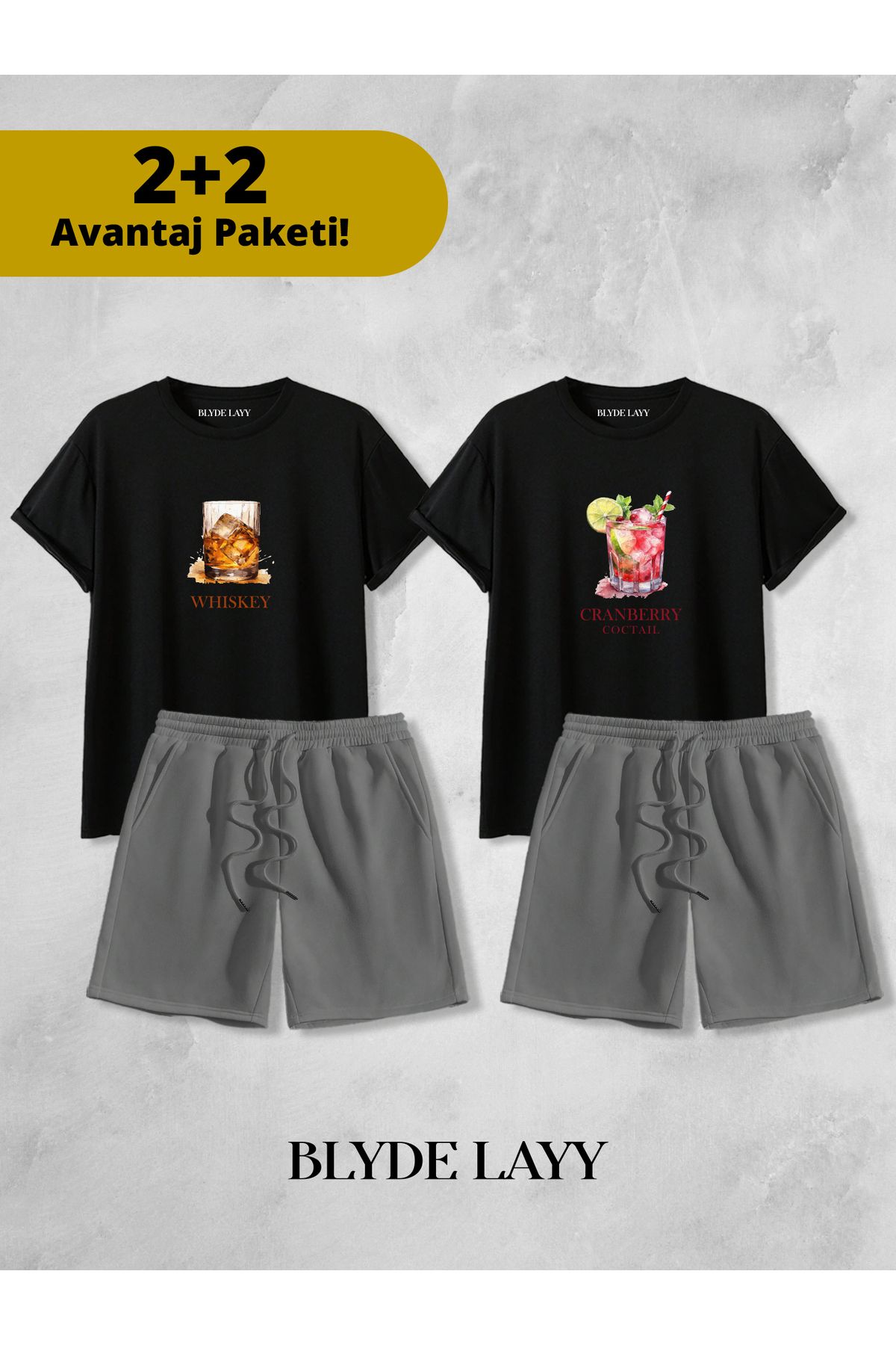 BLYDE LAYY Whıskey-Coctail Baskılı Unisex 2'li Sevgili Çift Kombini (2 Şort - 2 T-shirt Takımı Avantaj Paketi)