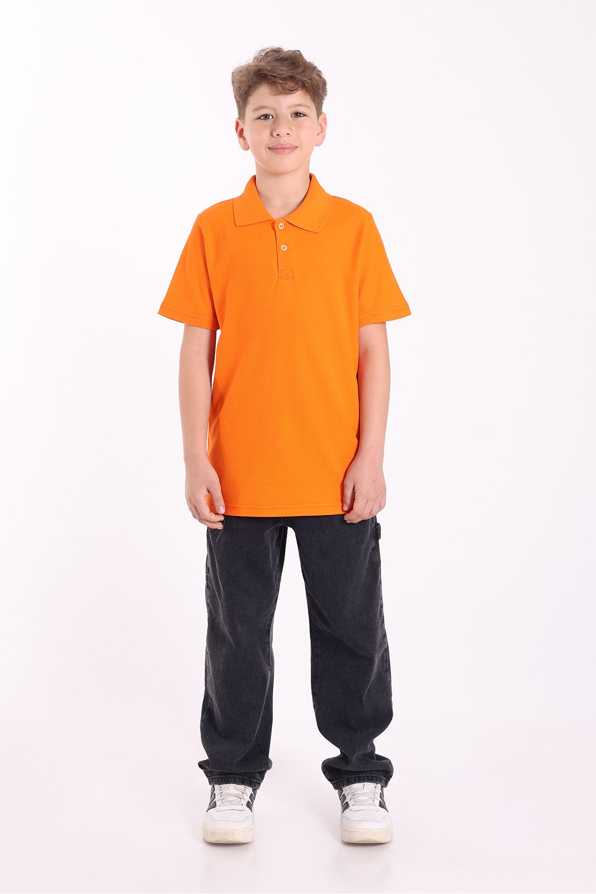Re&Gi Rekor Unisex Çocuk Polo Yaka Okul Tişört Basic Kısa Kollu T-shirt 5-16 Yaş Turuncu