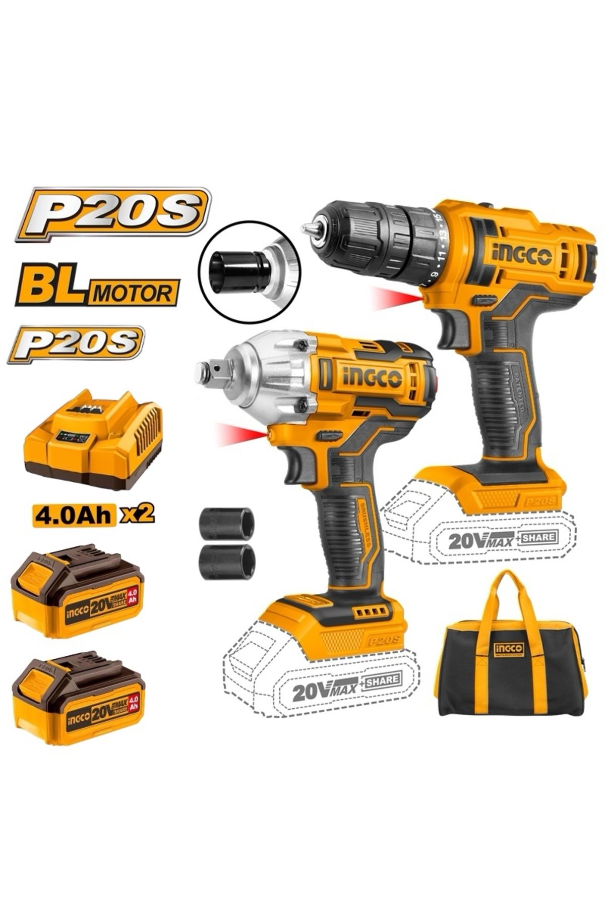 Nalbur Bakkal İngco Li-ion Akülü 2 li Kombo Set - Matkap ve Somun sıkma 20V 4.0 Ah