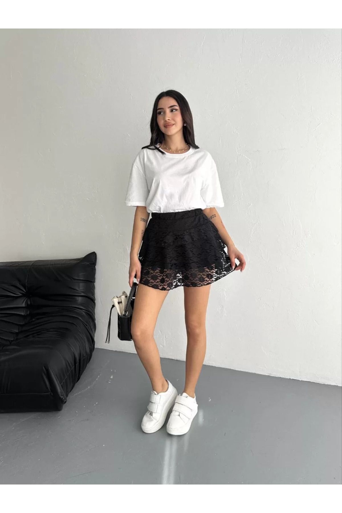 FantaziAtölyesi Dantel Beli Lastikli Şortlu Mini Etek - Siyah