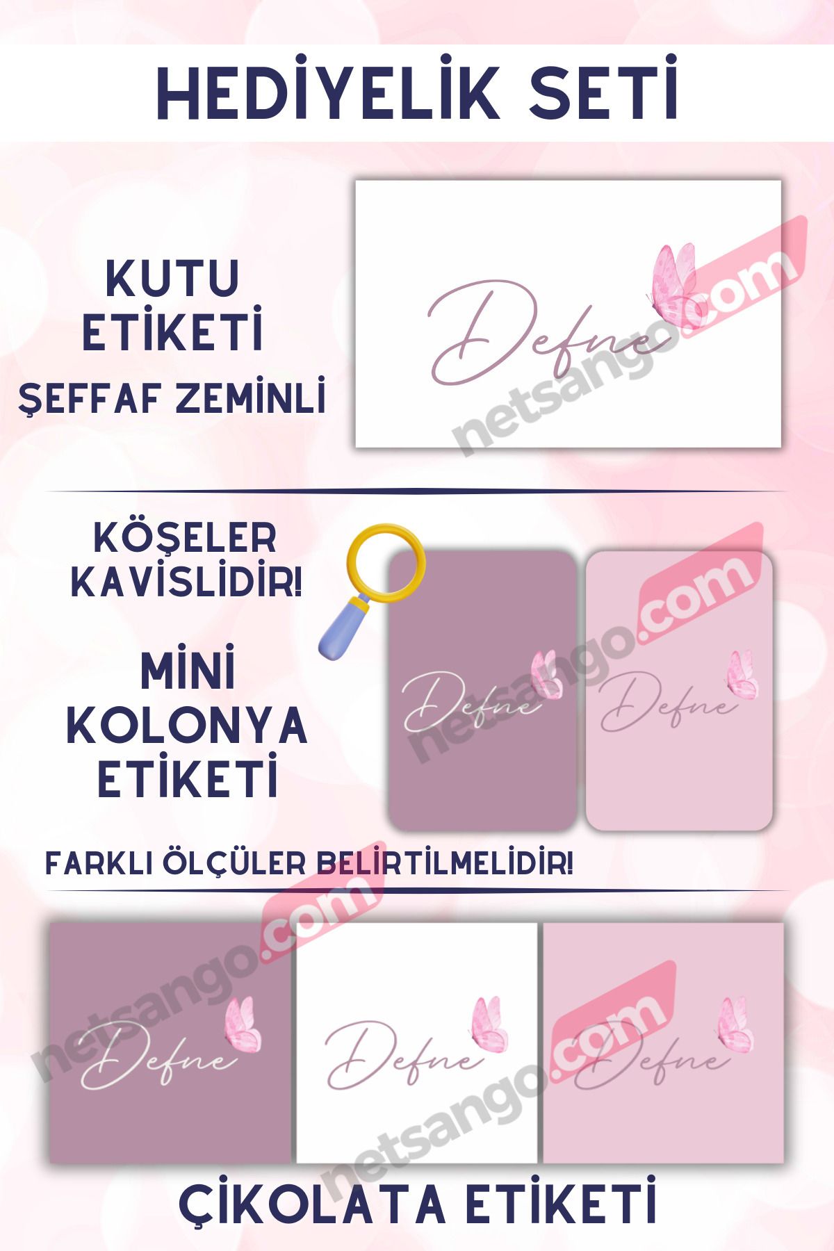 Netsan Etiket Kelebek Desenli Hediyelik Seti / Çikolata Etiketi - Kolonya Etiketi - Kutu Etiketi / Mor Pembe Beyaz