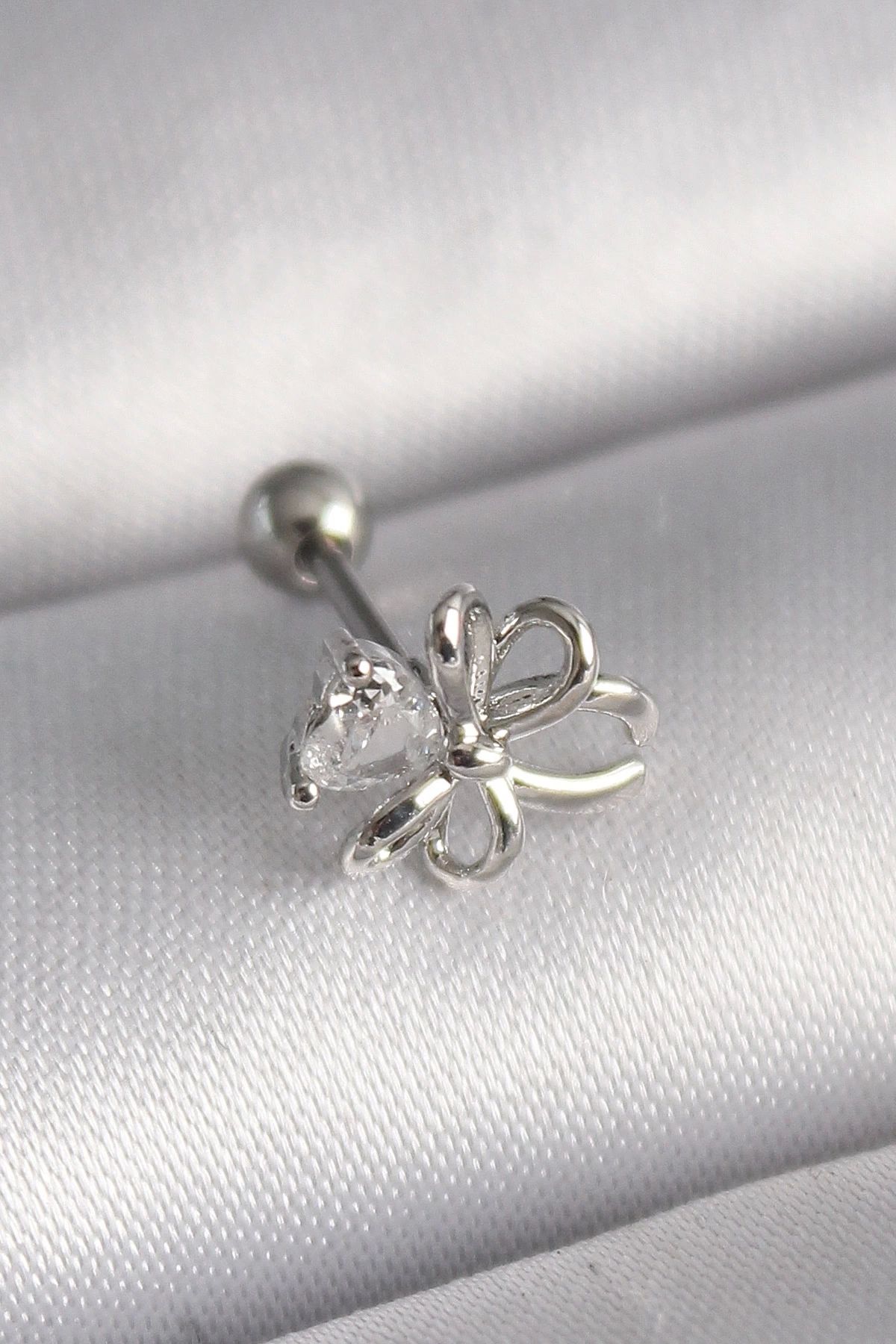 STOREMAX 316L Çelik Gümüş Renk Zirkon Taş Detay Kurdele Model Tragus Piercing