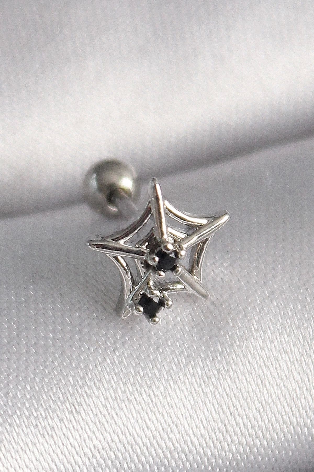 STOREMAX 316L Çelik Gümüş Renk Siyah Zirkon Taş Detay Örümcek Ağ Model Tragus Piercing