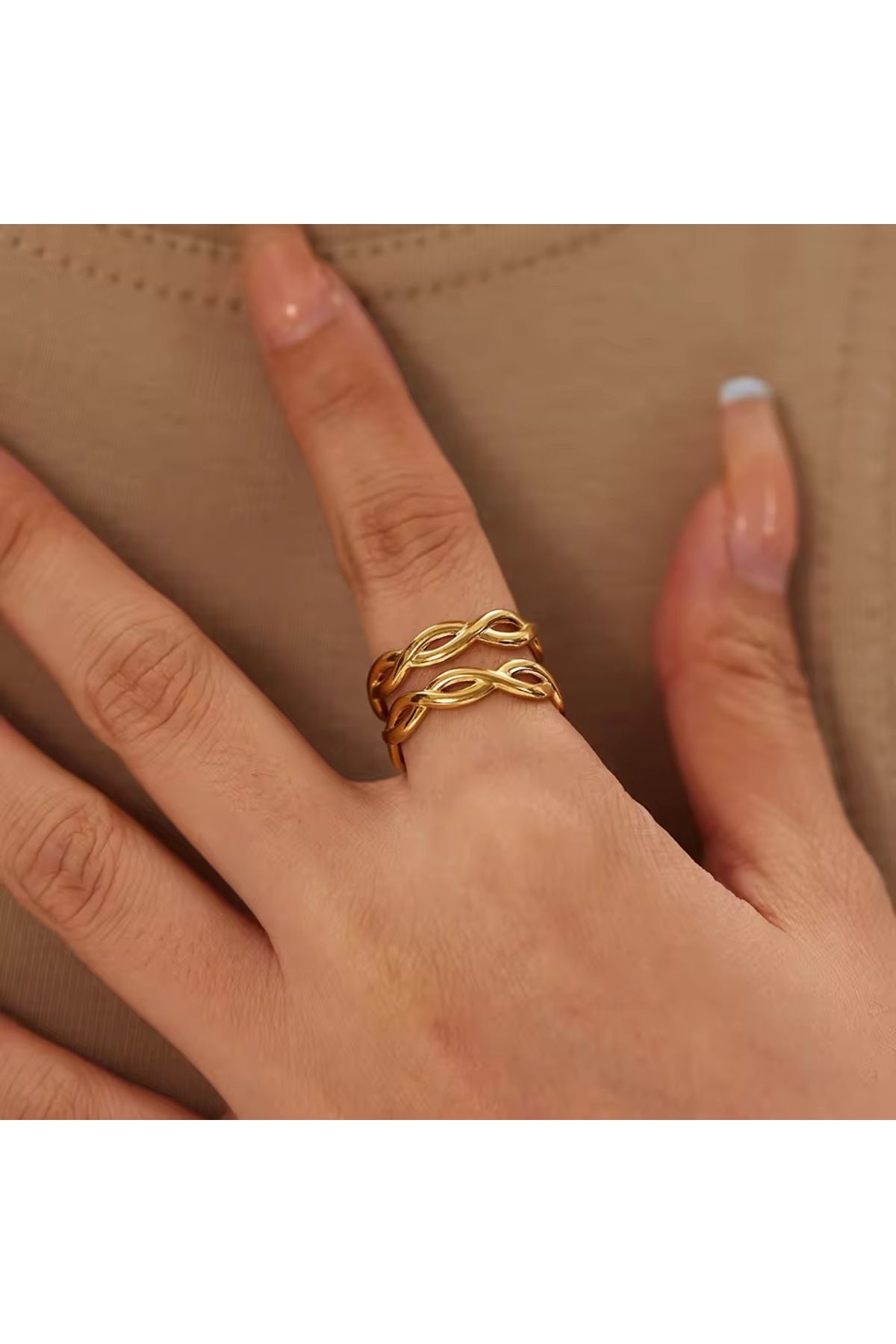 Siya Silver Kararmaz Çelik İkili Sarmal Model Gold Renk Ayarlanabilir Kadın Yüzük