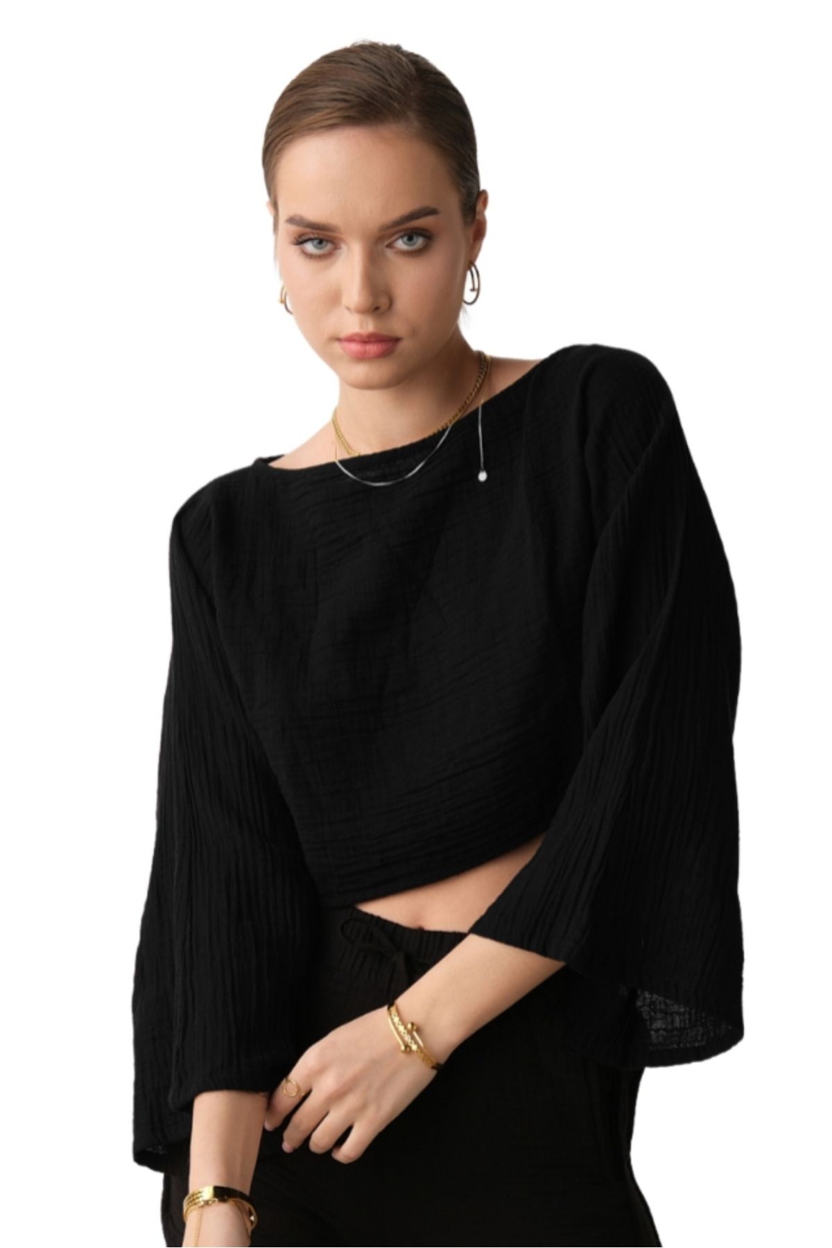 clavia Müslin Büstiyer, Tshirt İspanyol Kol Kayık Yaka %100 Pamuklu Yazlık Bluz, Crop Büstiyer