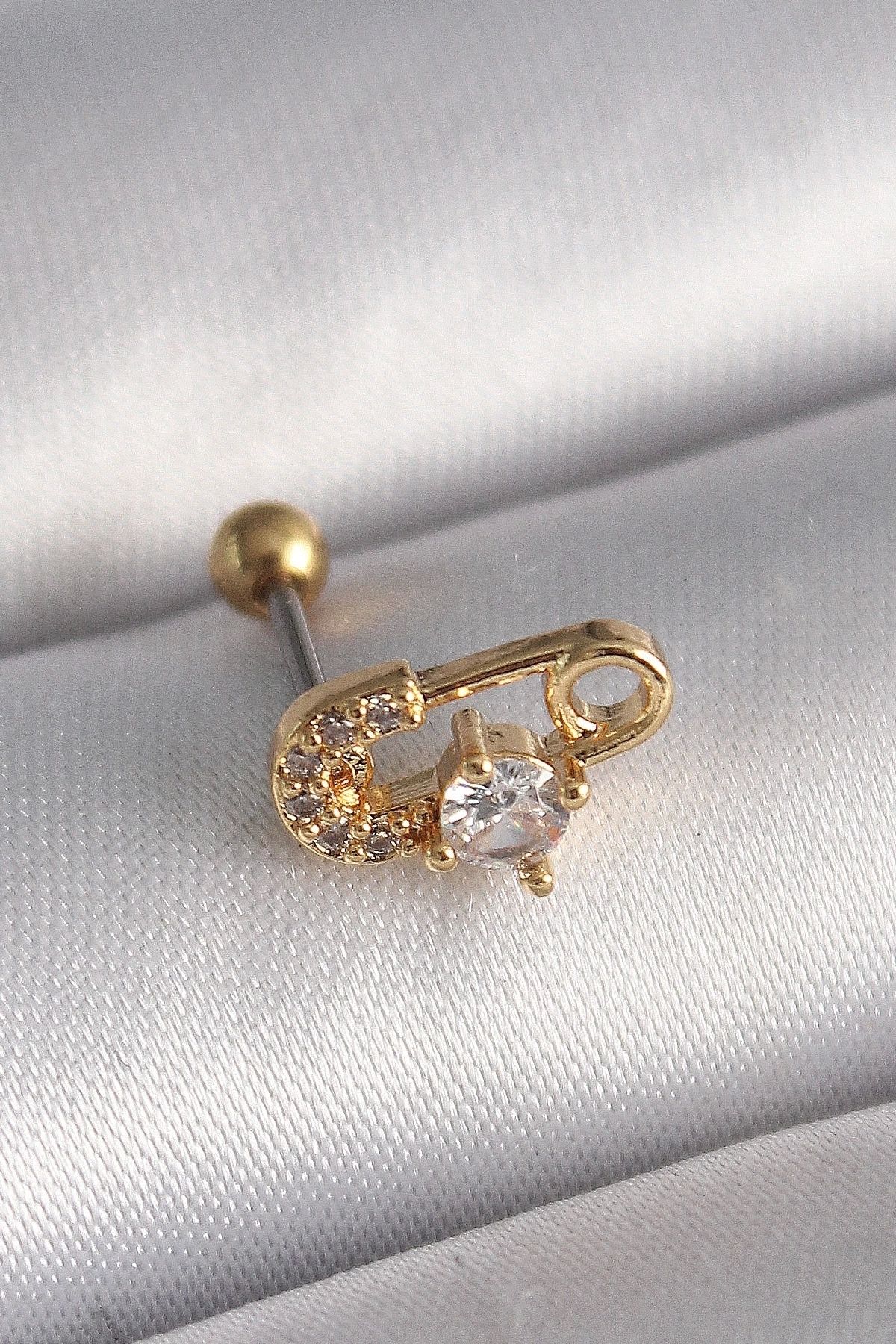 STOREMAX 316L Çelik Gold Renk Zirkon Taşlı Toplu İğne Tragus Piercing