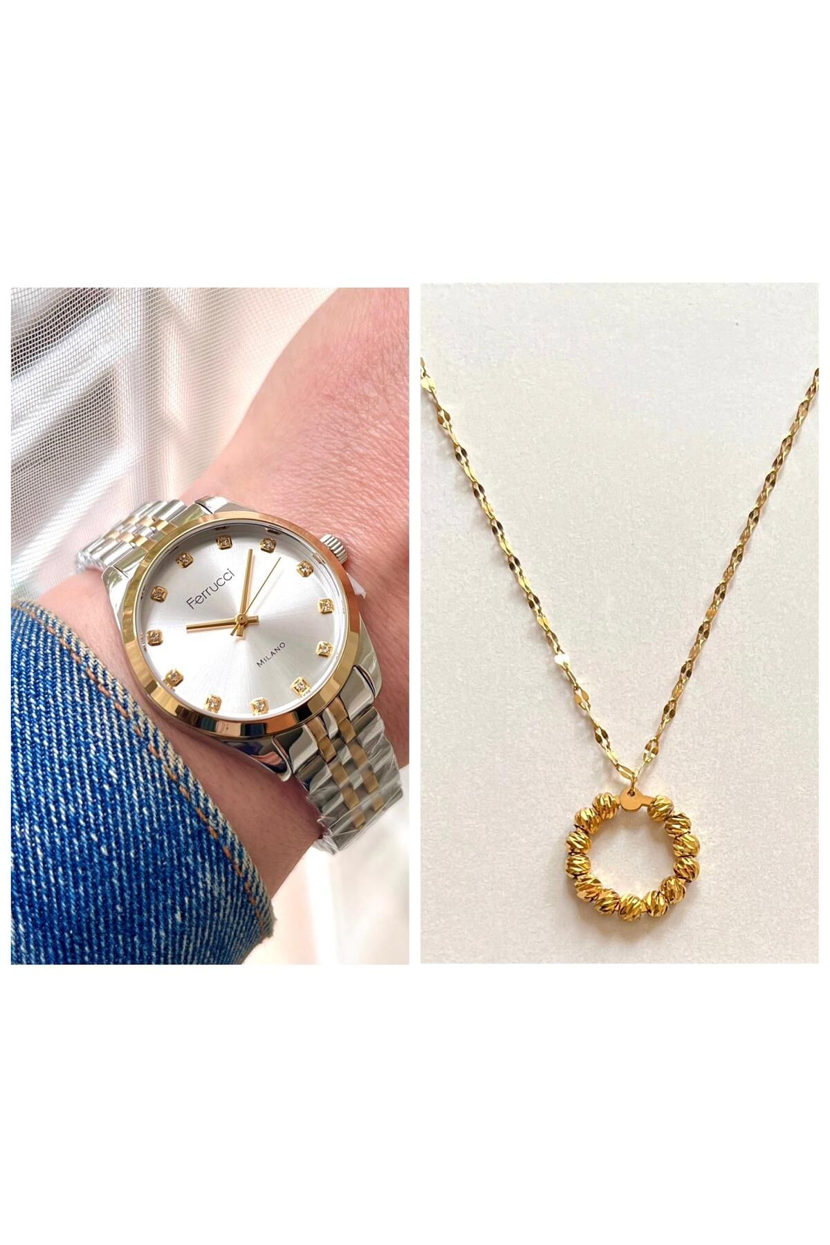 Ferrucci Zirkon Taşlı Kadın Kol Saati+%100 Çelik Dorikalı Kolye Hediye