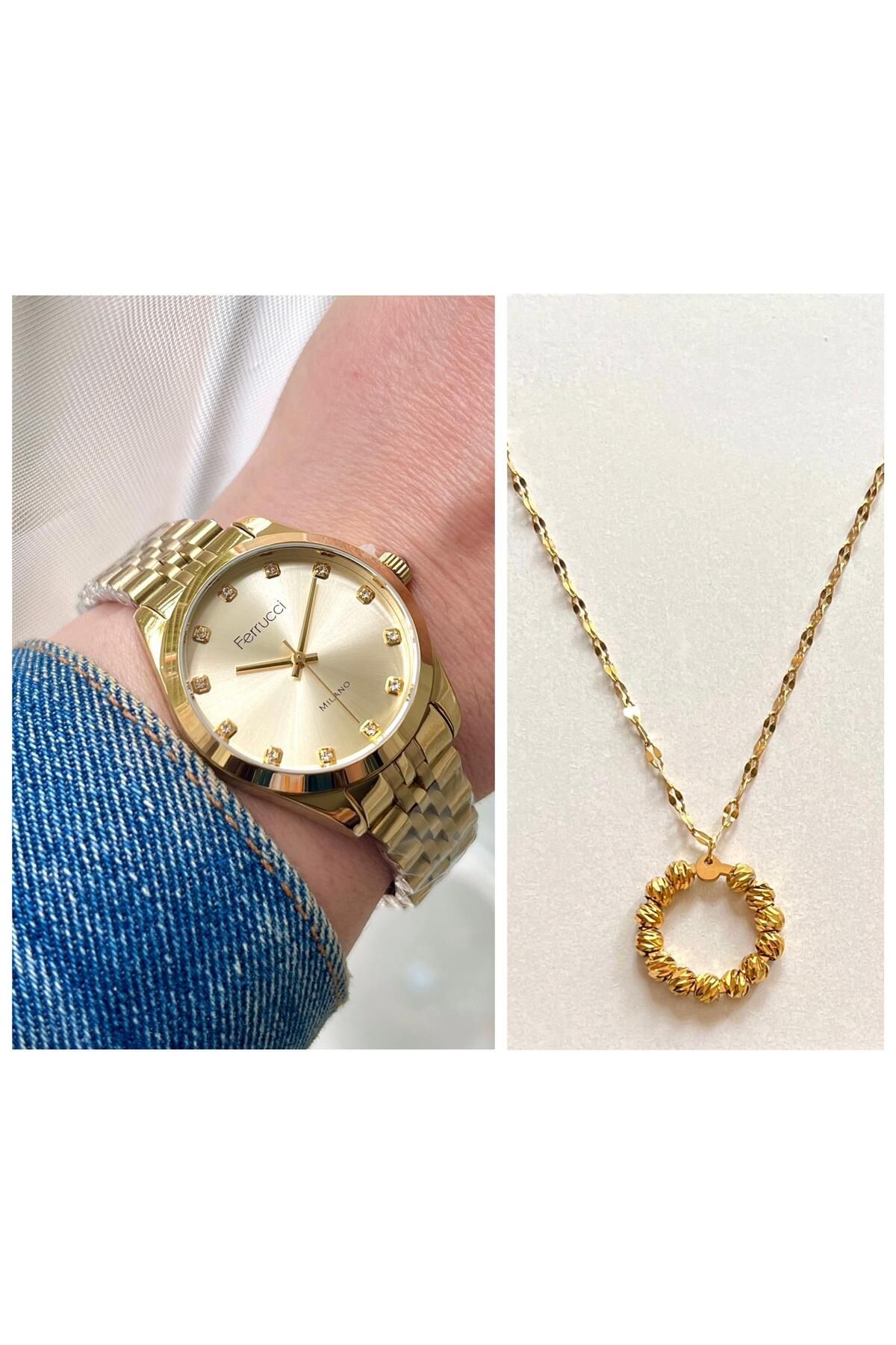 Ferrucci Zirkon Taşlı Kadın Kol Saati+%100 Çelik Dorikalı Kolye Hediye