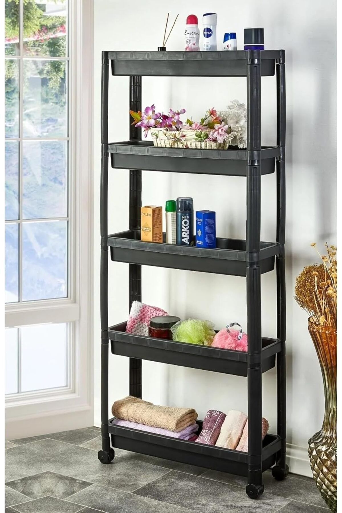 STOREMAX OZN Plastik 5 Katlı Tekerlekli Organizer Diktördgen Raf Ünitesi Siyah OZNstre 1094633