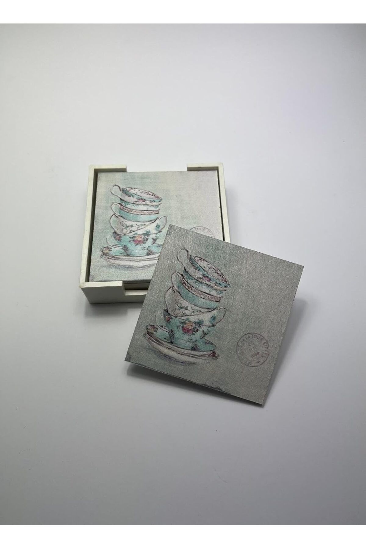 STOREMAX Ezg Ahşap Bardak Altlığı Seti (Kutulu - Vintage Fincan Desenli) Ezsnshop 1065757