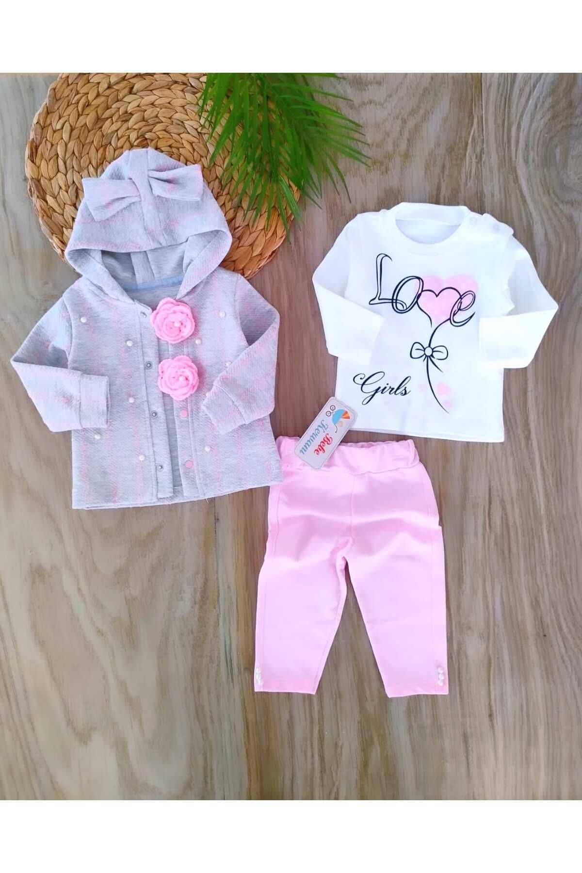 bebe kervanı Kız Bebek Pembe %100 Pamuklu Güllü İnci Süslemeli 3'lü takim