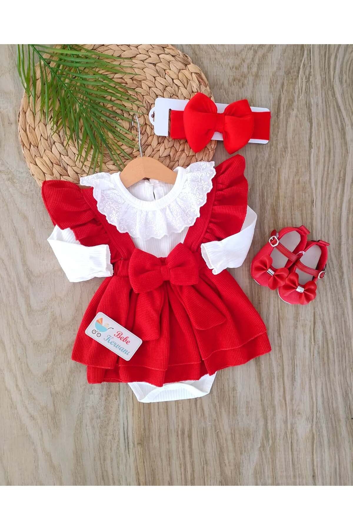 bebe kervanı Kız Bebek % 100 Pamy 4'lü Kırmızı Fisto Yakalı Babet Ayakkabılı Slopet Elbise Takım BBK1411