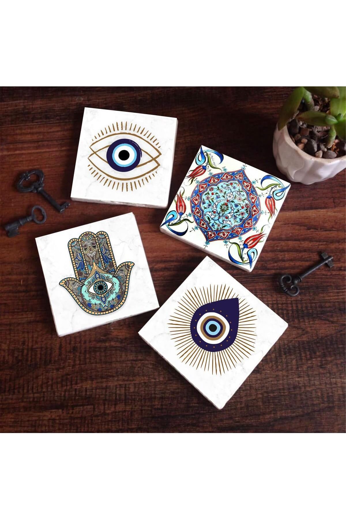 Mu Art Ahşap Mrt Nazar, Çini Sanatı, Fatma Ana Eli (Hamsa) Taş Bardak Altlığı Seti - 4 Parça - Dekoratif,