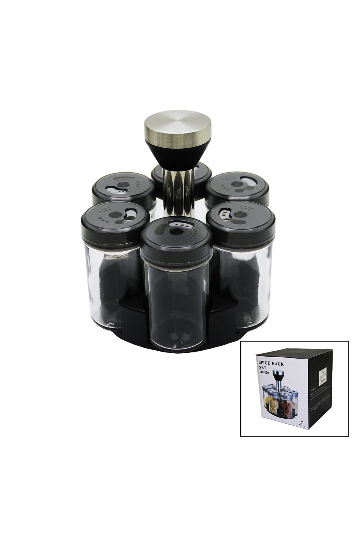 STOREMAX OZN 6 PARÇA YUVARLAK CAM - PLASTİK KAPAK TULUK - BAHARATLIK DÖNER STANDLI OZNstre 1094633