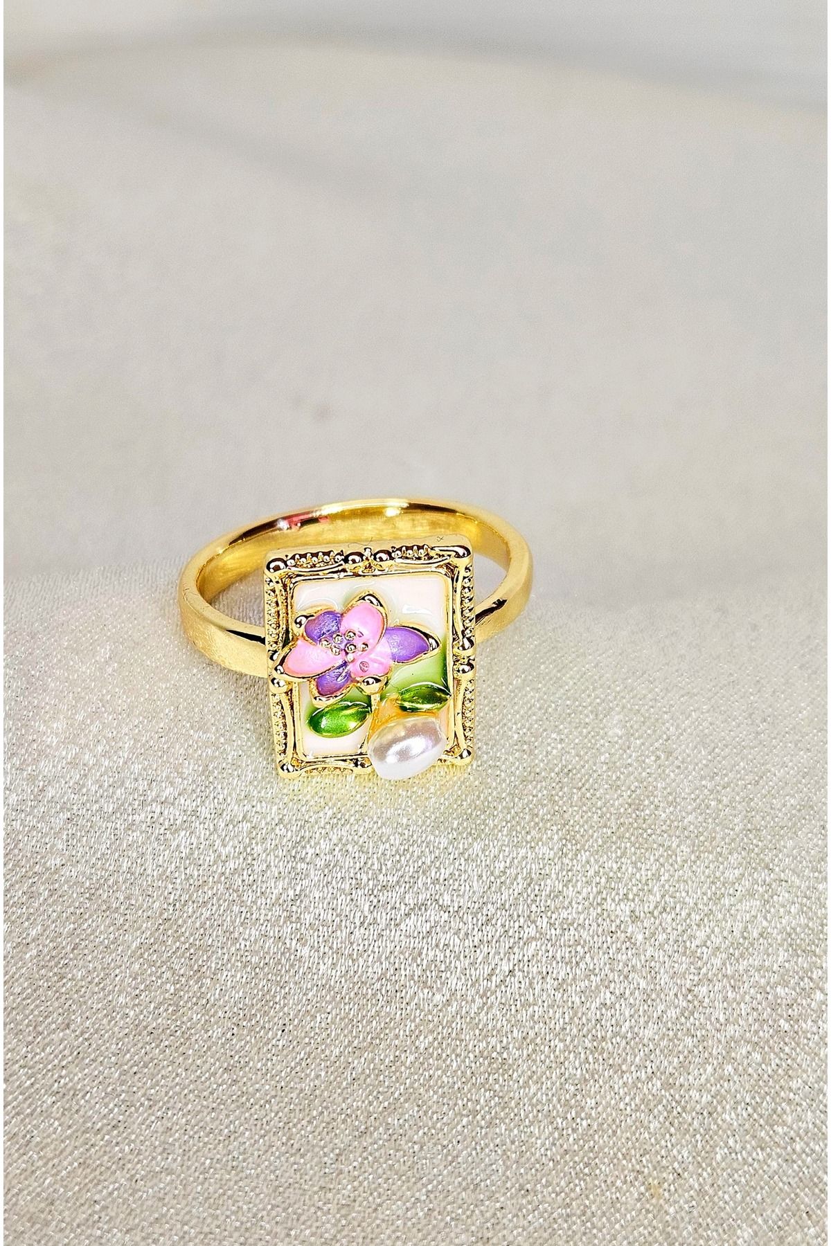 WONDER TOUCH Çelik pembe çiçekli,incili beyaz dikdörtgen yüzük,sanat yüzük gold ayarlanabilir yüzük,yaz takısı
