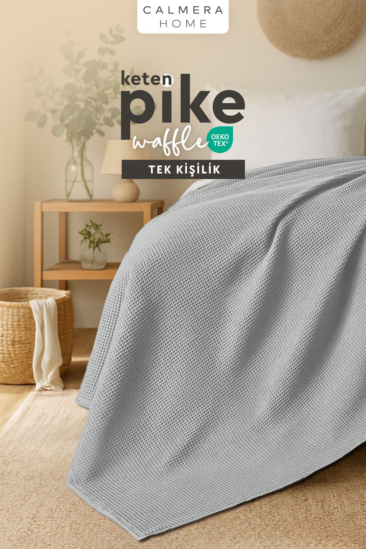 Calmera Keten Tek Kişilik Waffle Pike | Yatak & Koltuk Örtüsü - Şal | Premium Pamuk - Yazlık | Açık Gri