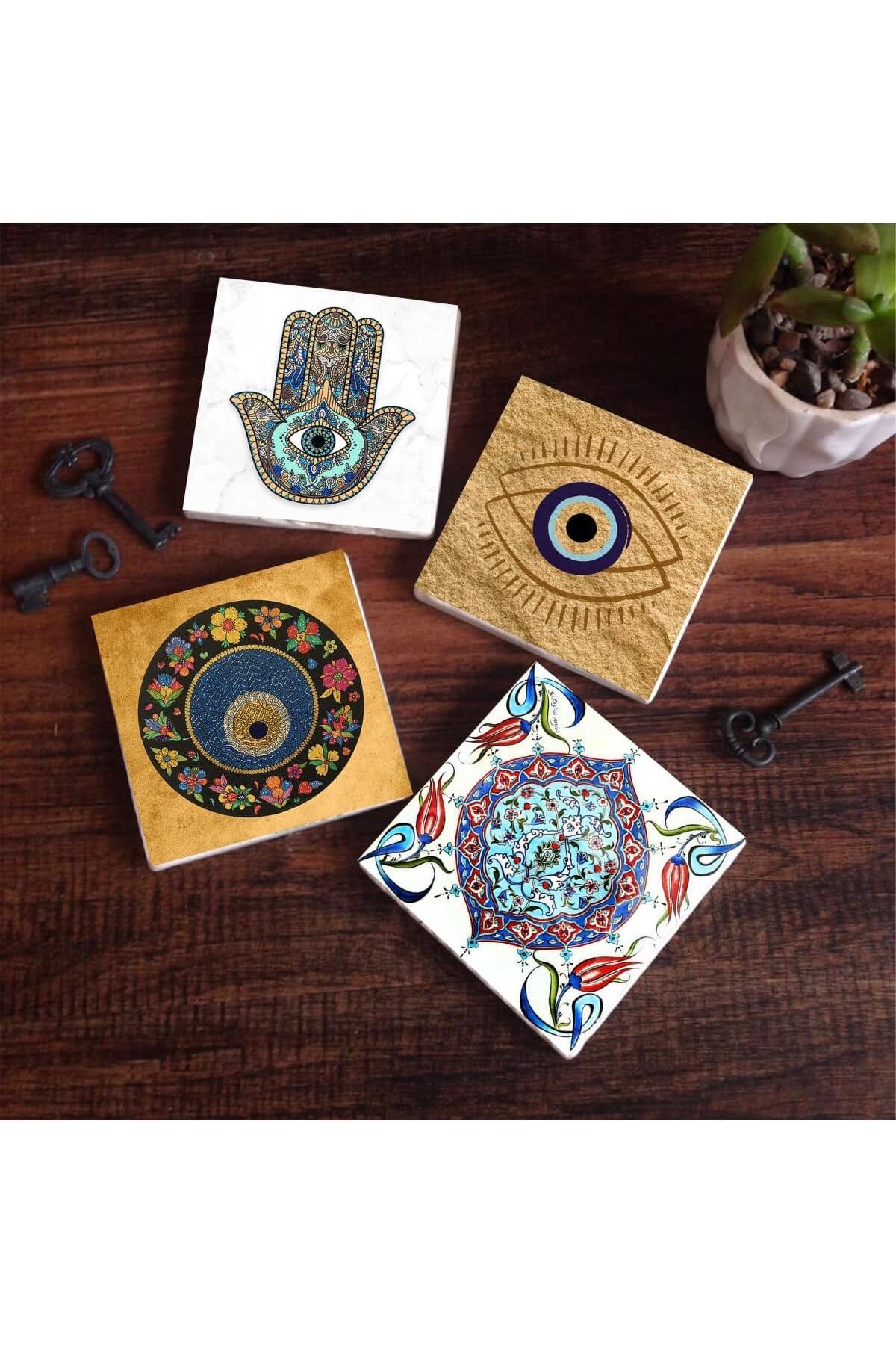 Mu Art Ahşap Mrt Nazar, Çini Sanatı, Fatma Ana Eli (Hamsa) Taş Bardak Altlığı Seti - 4 Parça - Dekoratif,